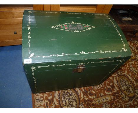 A domed top Pine Trunk painted green with cream and floral details, 28 1/28'' x 19'' x 24 1/2'' high approx.