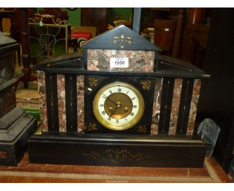A large 19th century slate mantel Clock in classical style inlaid with vertical variegated marble panels, French two train mo
