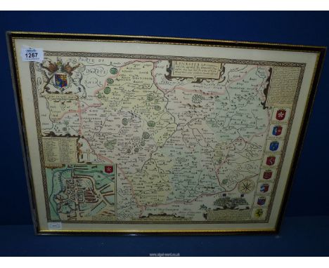 A framed print of a John Speede map of Leicester, 22 1/2 wide x 17 1/2'' high.