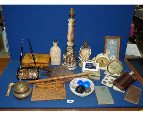 A quantity of miscellanea to include;  musical jewellery box with red velvet inlay, bellows, onyx bowl with eggs, etc, onyx l