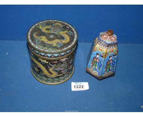A Chinese, Cloisonne enamel copper box with dragon design, 4 1/2" diameter x 4" high and hexagon shape container with lid, 5"