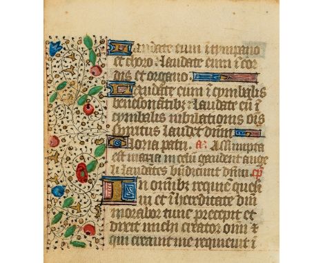 Book of Hours.- Single leaf from a book of Hours, manuscript in Latin, in a gothic bookhand, on vellum, 2 2-line initials, 7 
