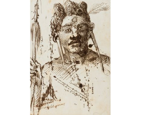 NO RESERVE Travel and Exploration.- Anonymous (circa 1870s) Portrait of a man with spear, a feather in his hair, and ears pie