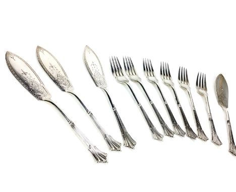 SET OF SIX SILVER FISH KNIVES AND FORKS, maker Harrison Brothers &amp; Howson, Sheffield marks, each with beaded terminal, in