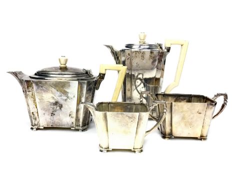 ART DECO SILVER FOUR PIECE TEA SERVICE, maker Asprey &amp; Co., London 1933, comprising teapot, coffee pot, sugar and cream, 