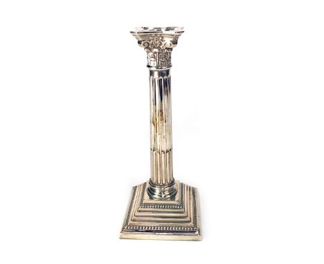 20TH CENTURY SILVER CORINTHIAN PILLAR CANDLESTICK, maker Bert Gordon, Birmingham 1967, with fluted column above a beaded step