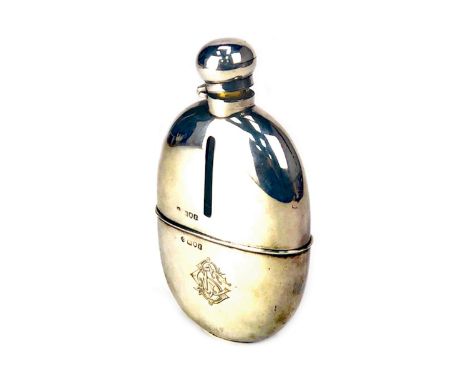 EARLY 20TH CENTURY SILVER MOUNTED HIP FLASK, maker William Hutton &amp; Son Ltd., London 1901, with fitted silver cup, engrav