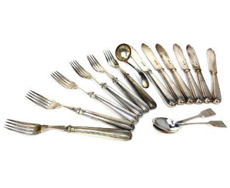 SET OF SIX SILVER BLADED FISH KNIVES AND SIX FORKS, Sheffield marks, each with threaded handle, the knives 21.5cm long, along