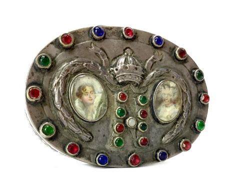 NAPOLEONIC INTEREST - 19TH CENTURY FRENCH SILVER TABLE SNUFF BOX, the hinged cover with crowned cipher, above a pair of portr