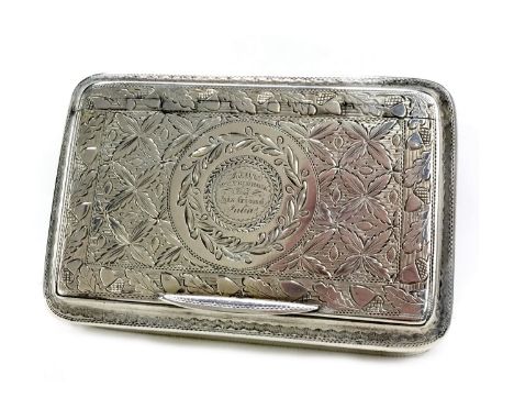 GEORGE III SILVER SNUFF BOX, maker Lawrence &amp; Co., Birmingham 1817, the exterior engraved with oak leaves and dedication 