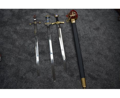 Four reproduction Swords, two marked Solado, Basket Hilt Broadword with Scabbard, Templar Sword, Broadsword with Stag decorat