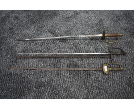 Three 18th century English Smallswords/Courtsword, one having brass shell handle and decorated blade, makers mark indistinctl