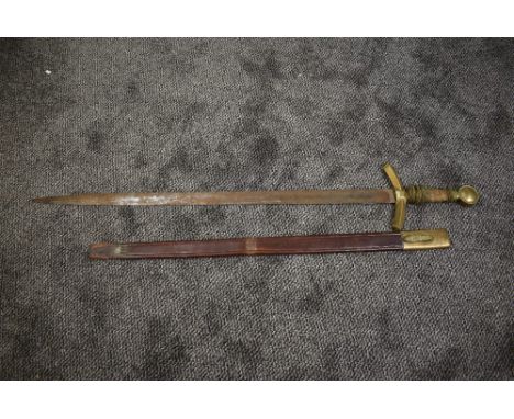 A reproduction Broadsword having brass crossguard and wire bound wood grip, blade marked 23, blade length 89cm, total length 