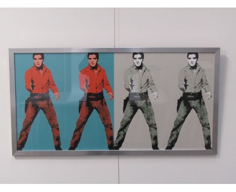 After Andy Warhol, a framed print with 'Double Elvis' image. 40cm x 80cm