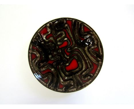 A Poole Delphis dish with painted design in red and black. Black backstamp. 20.5cm diameter
