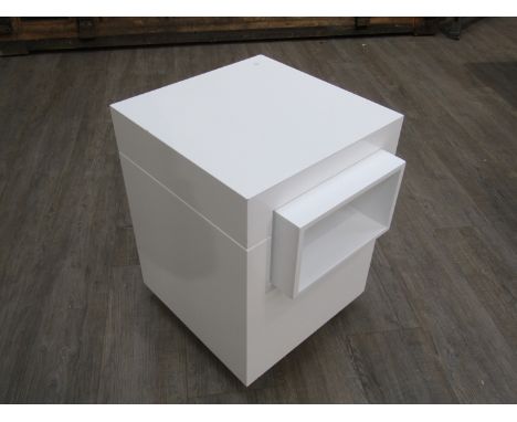 A Gillmore 'White &amp; White' Accent contemporary side table with slide out pocket shelf. 56cm high x 40cm x 40cm