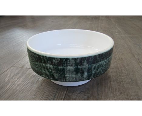 A Poole Pottery pedestal bowl, white glazed with wide band of green. Impressed TV mark to base (faint) 9.5cm high x 20.5cm di