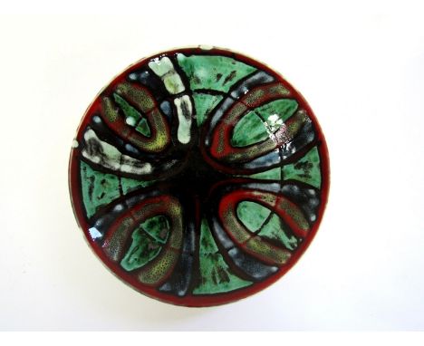 A Poole Delphis dish with painted design in red, black, green and blue. Blue backstamp. 20.5cm diameter