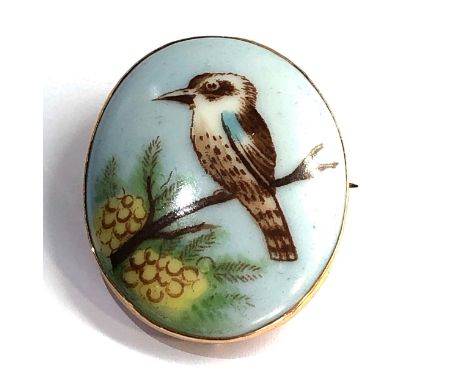 9ct gold ceramic hand painted kookaburra brooch (9.4g) 