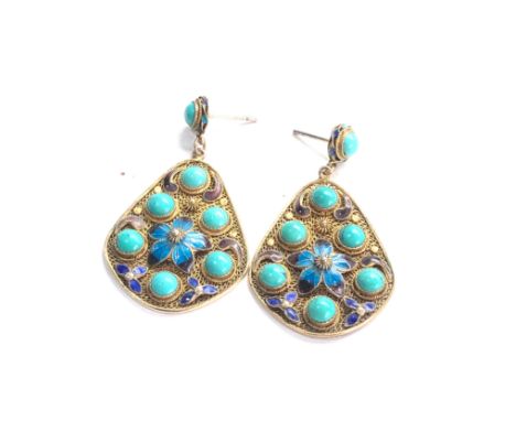 Chinese silver gilt filigree turquoise and enamel earrings measure approx 4.4cm drop by 2.5cm wide 