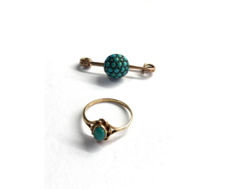 2 X 9ct gold antique &amp; vintage turquoise brooch &amp; dress ring (3.7g) 