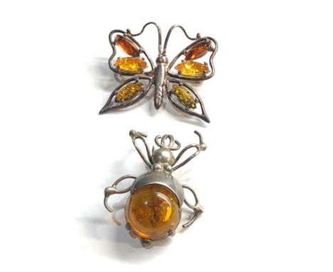 Vintage silver and amber butterfly and beetle brooches 