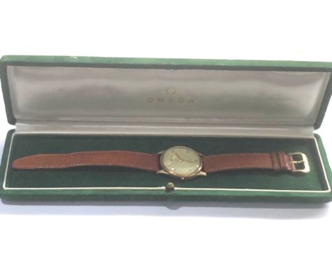 Boxed gents omega 9ct gold wristwatch cal 30t2 pc 15jewel manual wind movement No 11269886 requires service missing winder no