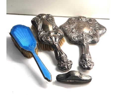 Antique silver back brushes includes enamel brush etc 