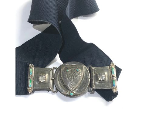 fine arts and crafts silver &amp; enamel buckle set with turquoise and moonstone measures approx 12cm by 5.2cm comes on lined