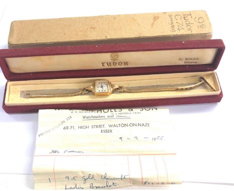 Vintage Boxed Ladies 9ct gold rolex tudor wristwatch comes with outer and inner box 9ct gold strap receipt dated 1955 working