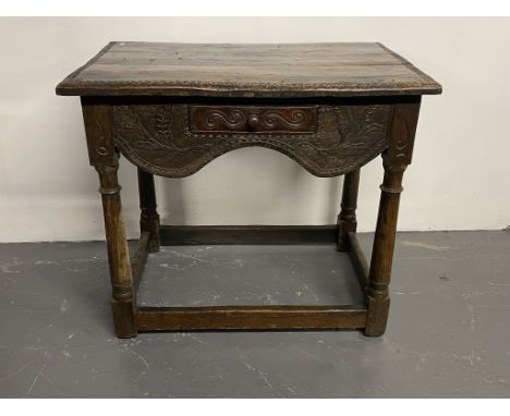 An interesting c17th Century Oak painting / writing desk
Well carved, lid lifts to reveal writing/painting slope which props 