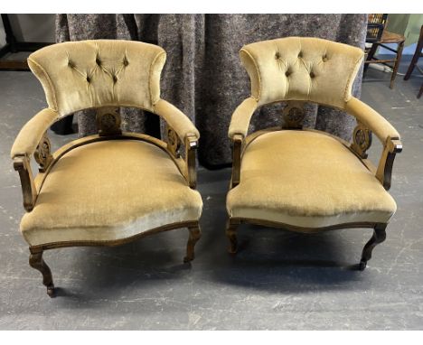 Pair of well upholstered late Victorian tub chairs, button back with walnut frame
64cm w x 77 h x 59 D
Seat 40cm