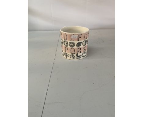 Alphabet a Wedgwood Pottery mug designed by Eric Ravilious, printed in black on a pink band, 10.5cm high, 10.5cm diameter