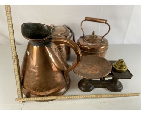 Copper &amp; brass weights, copper kettle &amp; jug