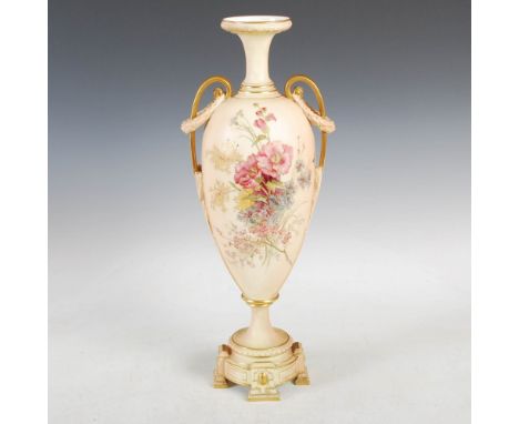 A Royal Worcester ivory ground twin handled vase, dated 1897, decorated with scattered foliate sprays, puce printed marks and