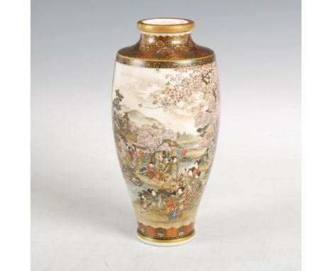 A Japanese Satsuma pottery vase, probably Ryozan, Meiji Period, decorated with a rectangular panel of figures crossing a brid