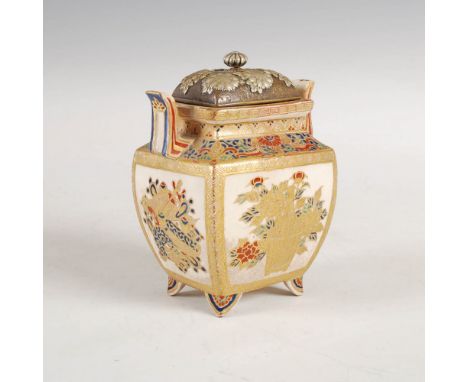 A Japanese Satsuma pottery koro and white metal cover, Meiji Period, decorated with a bowl issuing peony and a basket issuing