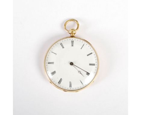 A 19th century French yellow metal open faced pocket watch, the circular white enamel dial with Roman numerals, 4cm diameter.