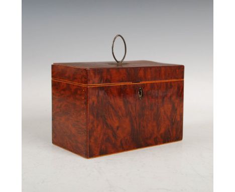 A 19th century yew wood tea caddy, of rectangular form, the cover with oval shaped handle, 18cm wide x 12cm high x 10cm deep.