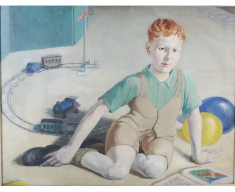Agnes L. Reid (b.1902) Portrait of a boy with book, balloons and train set oil on canvas, signed lower left 66cm x 87cm