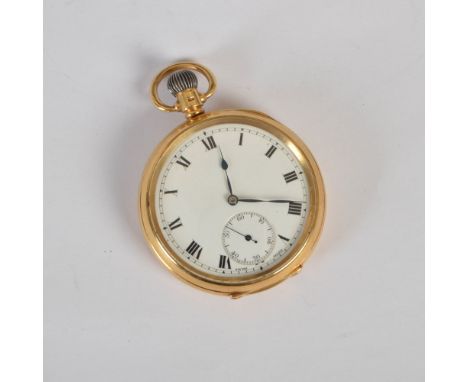 An 18ct gold open faced pocket watch, the white enamel dial with Roman numerals and subsidiary seconds dial, the movement wit