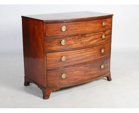 A 19th century mahogany bow front chest, the shaped rectangular top with a boxwood lined edge, above four long graduated cock