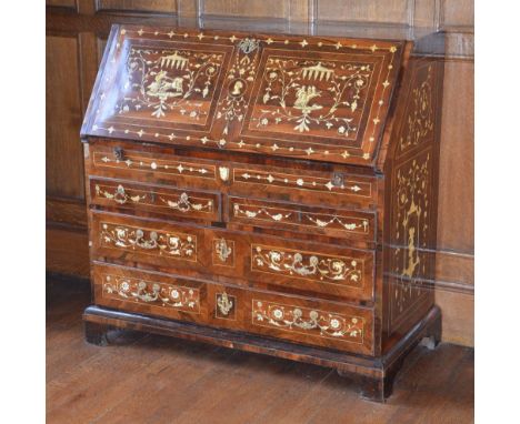 A 19th century Lombardy rosewood, ivory inlaid and gilt metal mounted bureau, the rectangular  top above a hinged fall front 