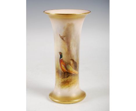 A Royal Worcester vase decorated by JAS. STINTON dated 1939, decorated with cock and hen pheasants, signed, purple printed ma