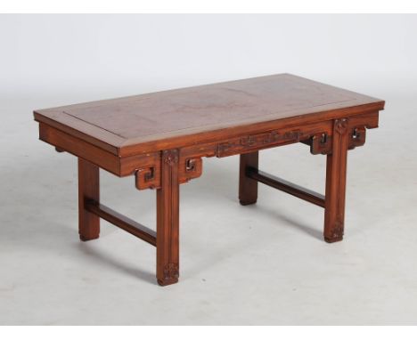 A Chinese dark wood and burr elm low table, 20th century, the rectangular top with burr elm panel insert above a scroll carve