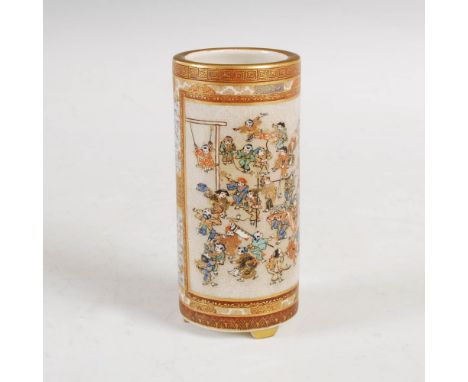 A Japanese Satsuma pottery brush pot, Meiji Period, decorated with a panel of twenty seven children playing and a panel decor