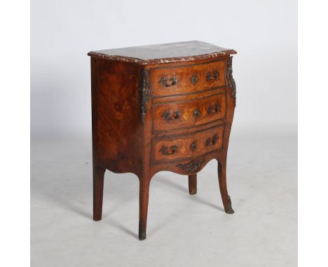 A French Louis XV style kingwood, marquetry and gilt metal mounted serpentine commode, the mottled red and white marble top w