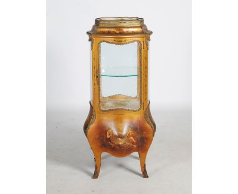 An early 20th century free standing Vernis Martin type vitrine, with a glazed cupboard door opening to a glass shelf interior