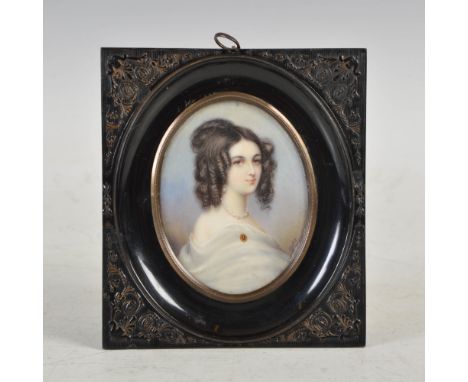 Bietre, a 19th century portrait miniature of a Lady, signed 'Bietre' lower right, in composite rectangular frame with Neo-Cla