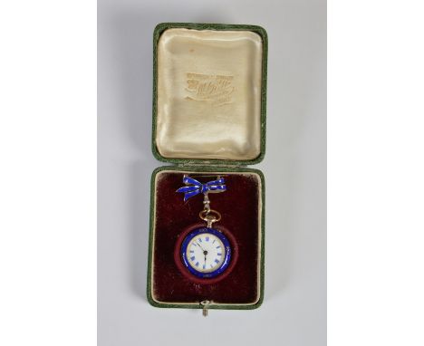 A Continental silver and enamel fob watch, the white enamel dial with blue Roman numerals suspended from a ribbon tied brooch